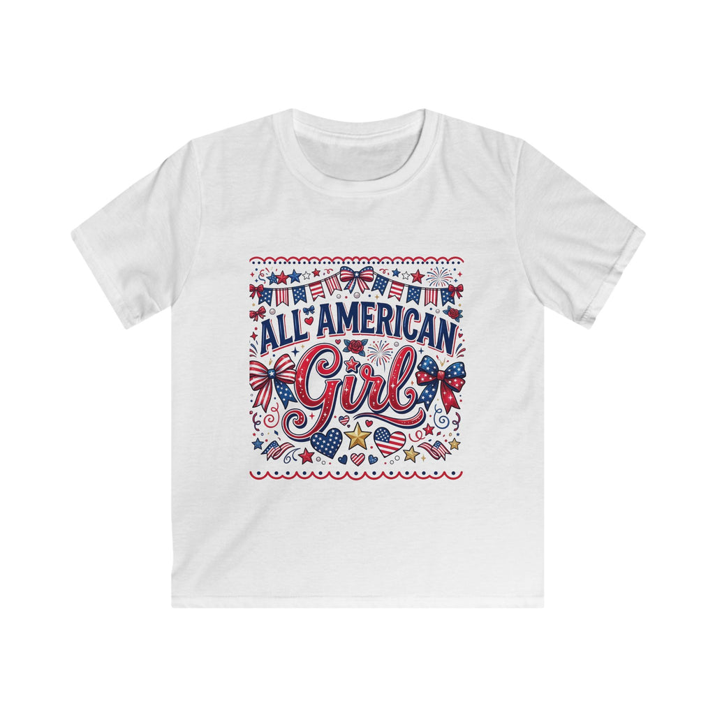 All American Girl Youth T-Shirt | Patriotic Girls Shirt | Fourth of July Kids Tee | Red White Blue Bow Shirt | Americana Graphic Tee