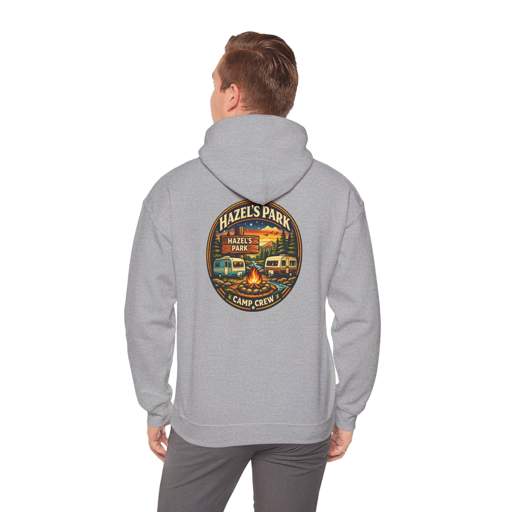 Hazels Park Camp Crew Hoodie — Retro Camping Patch Sweatshirt