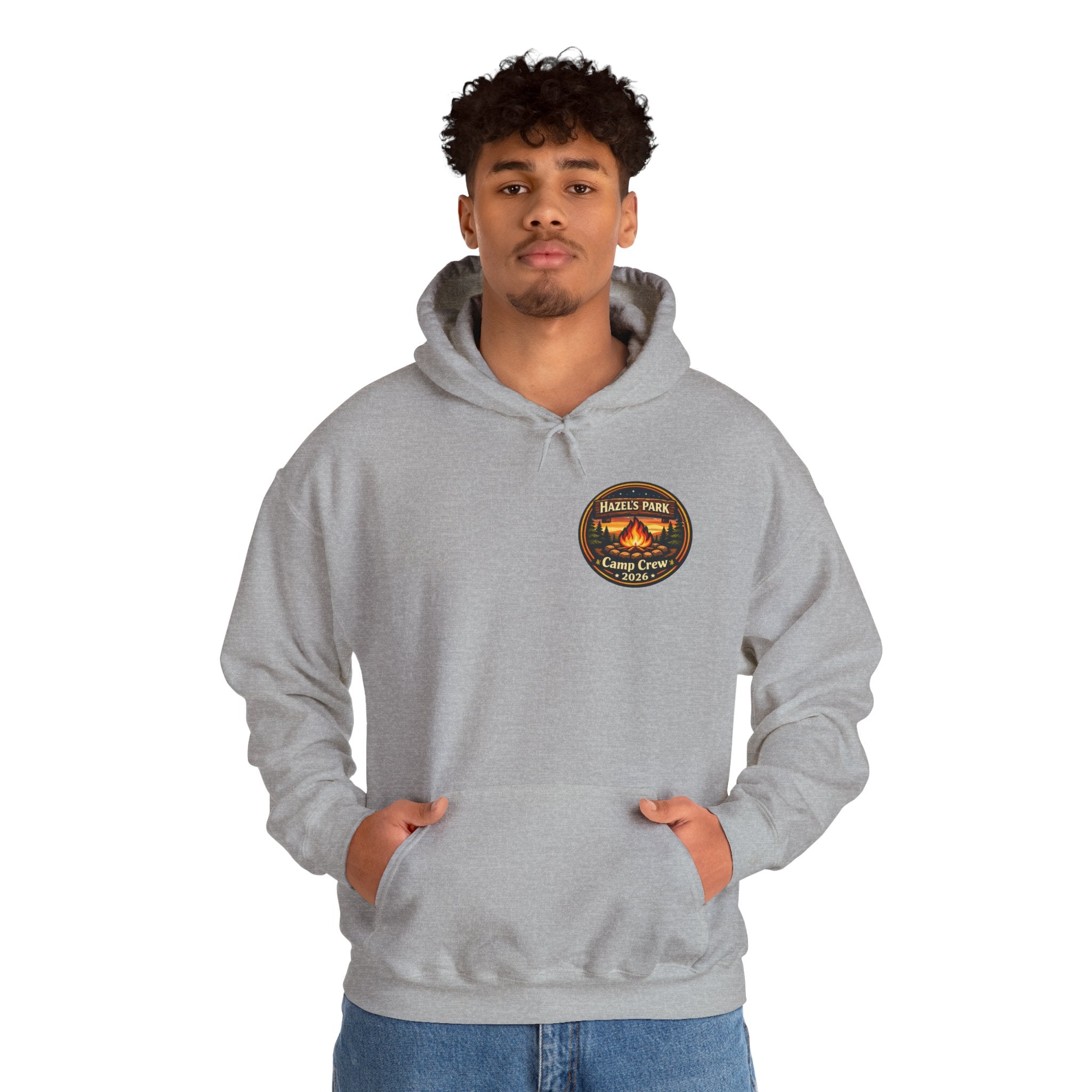 Hazels Park Camp Crew Hoodie — Retro Camping Patch Sweatshirt