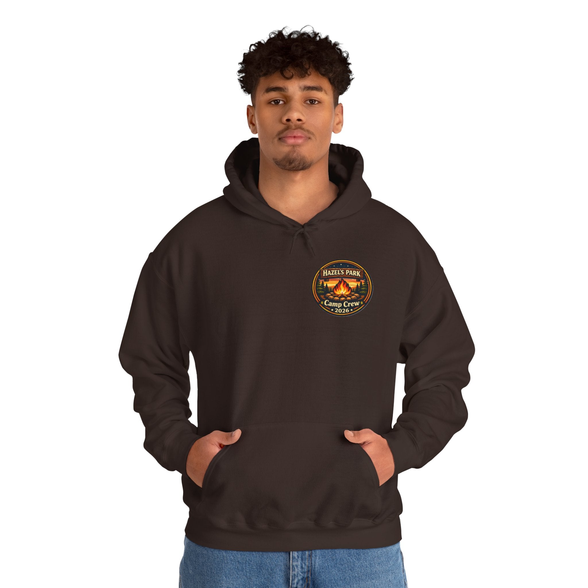Hazels Park Camp Crew Hoodie — Retro Camping Patch Sweatshirt