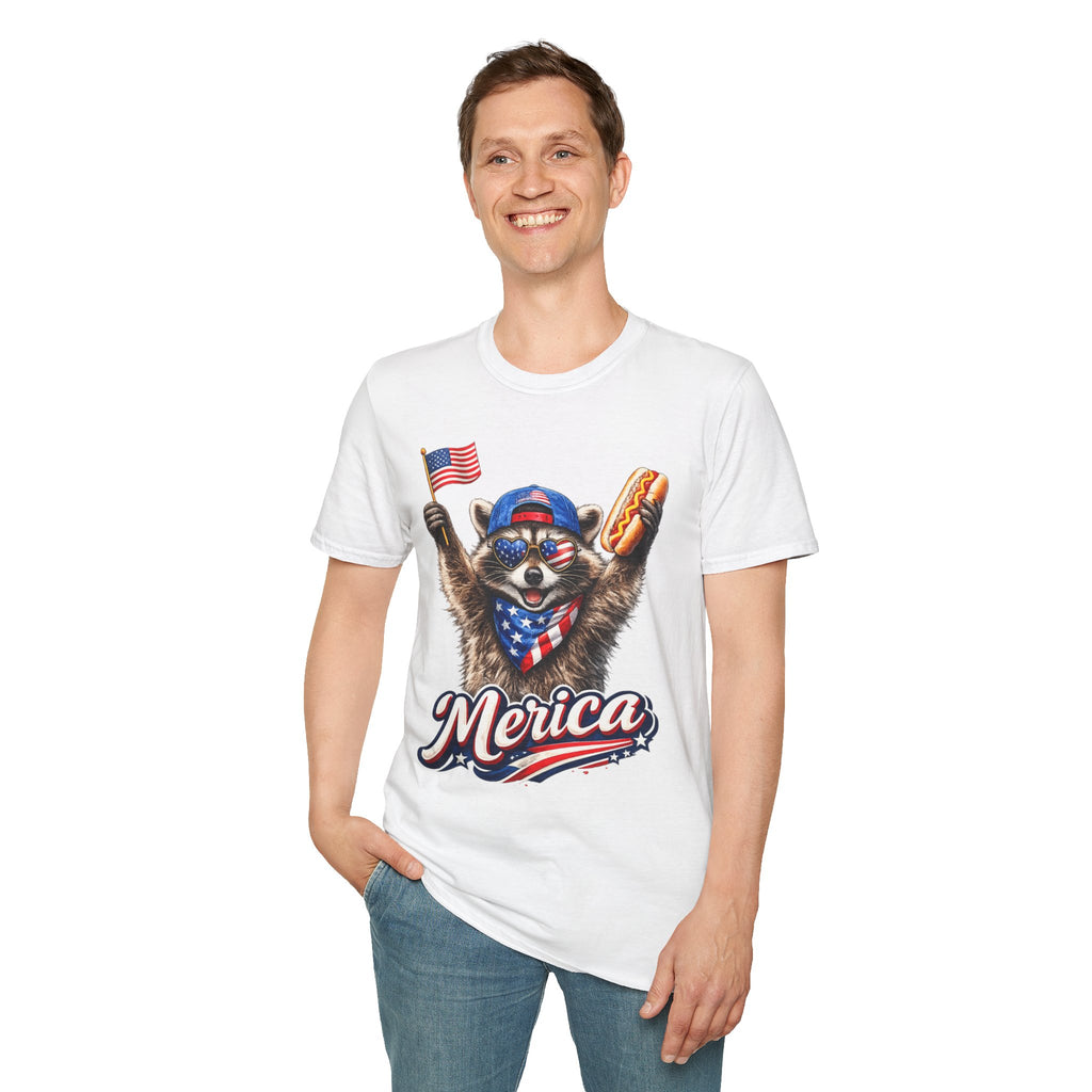 Patriotic Raccoon ’Merica T‑Shirt – Funny 4th of July USA Flag & Hot Dog Tee – Summer Cookout Graphic Shirt