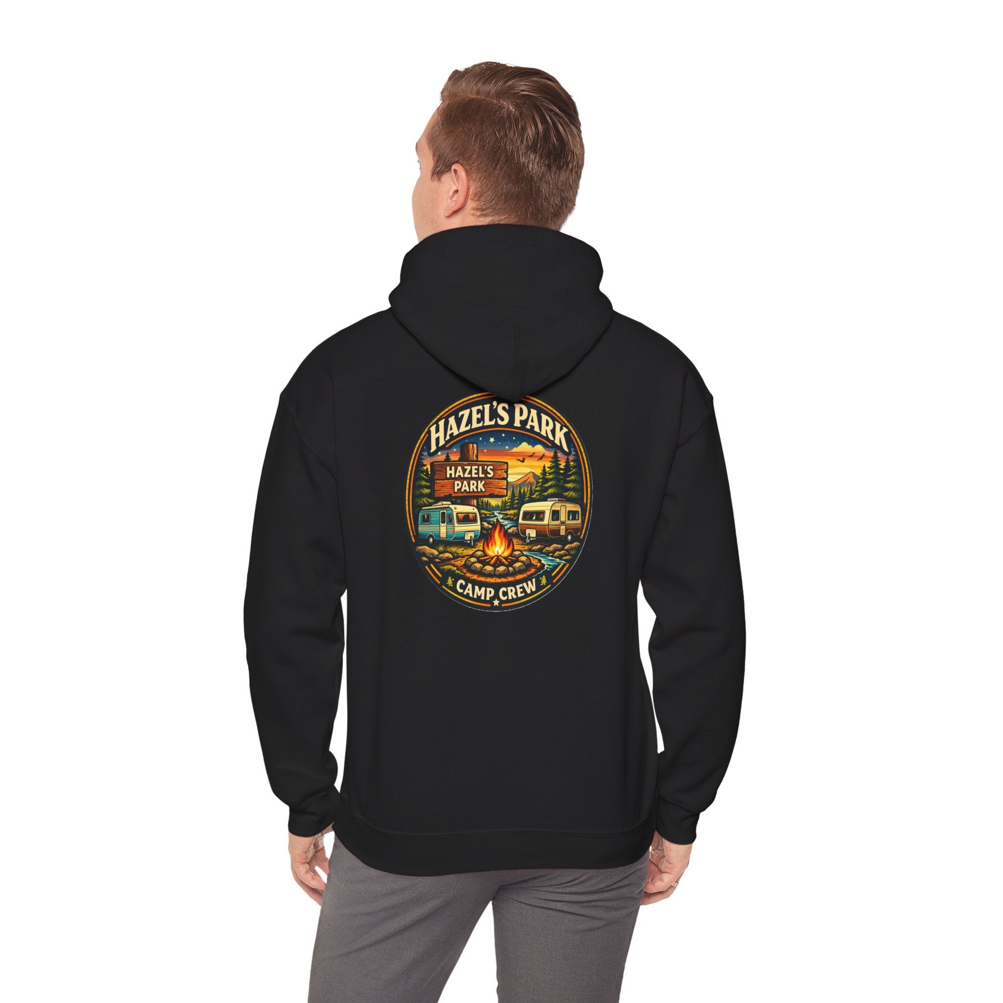 Hazels Park Camp Crew Hoodie — Retro Camping Patch Sweatshirt