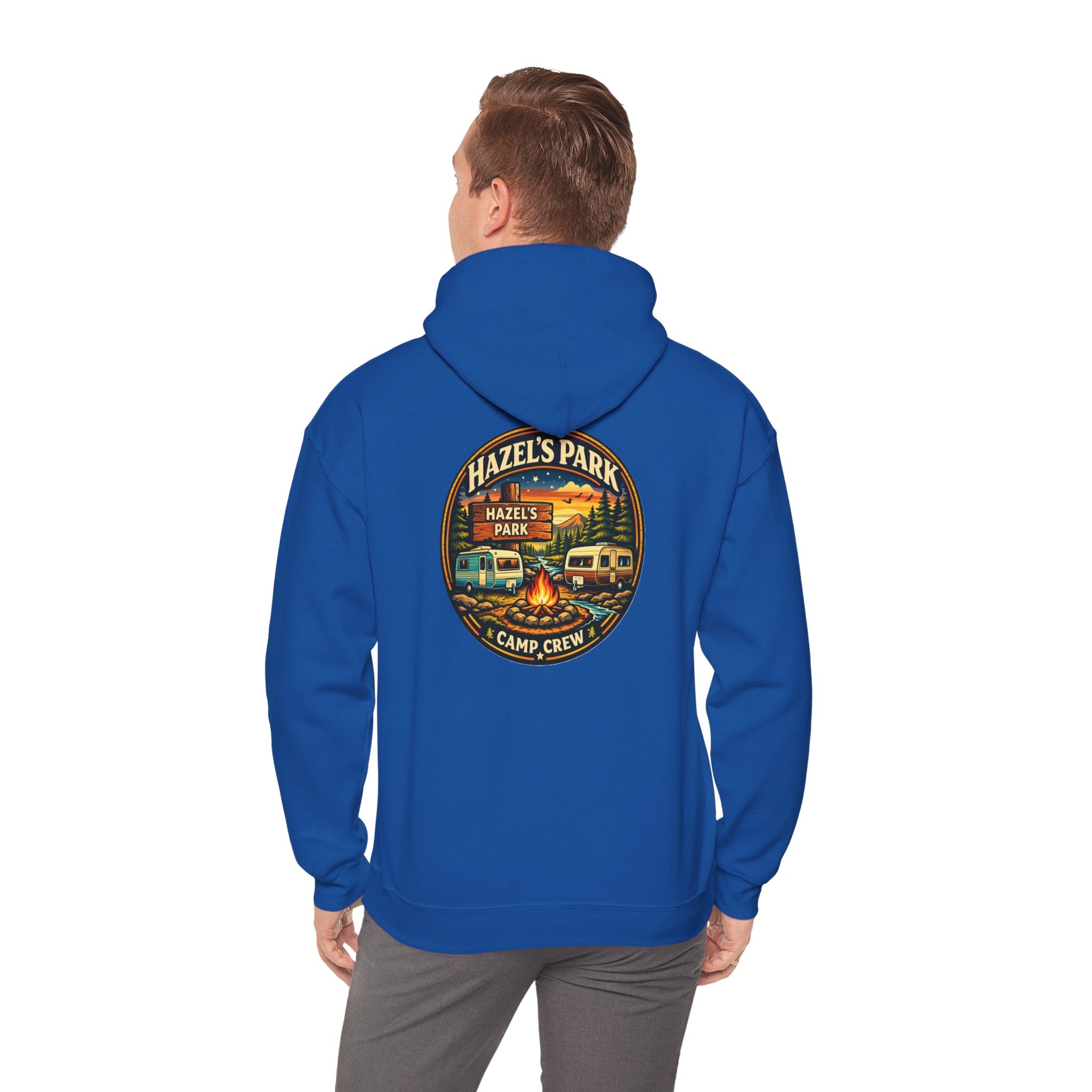 Hazels Park Camp Crew Hoodie — Retro Camping Patch Sweatshirt