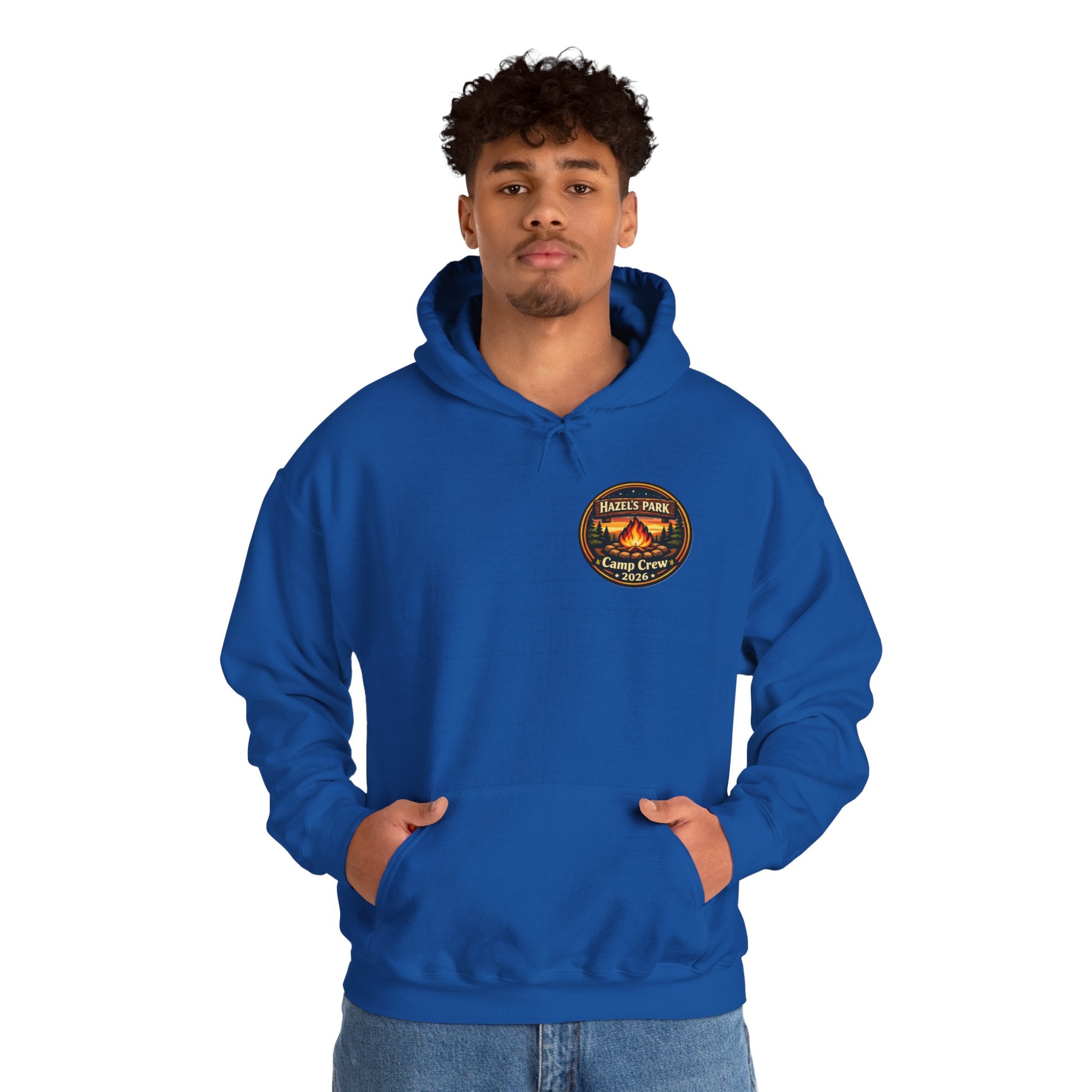 Hazels Park Camp Crew Hoodie — Retro Camping Patch Sweatshirt