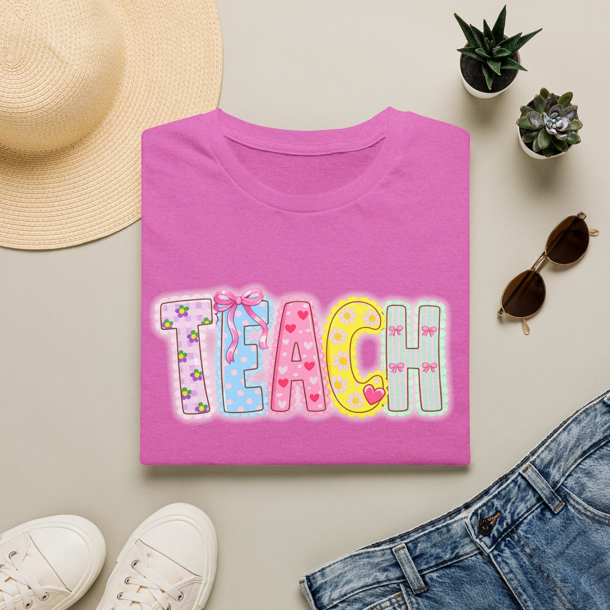 Teacher Pastel Patchwork T-Shirt — 'TEACH' Cute School Staff Gift