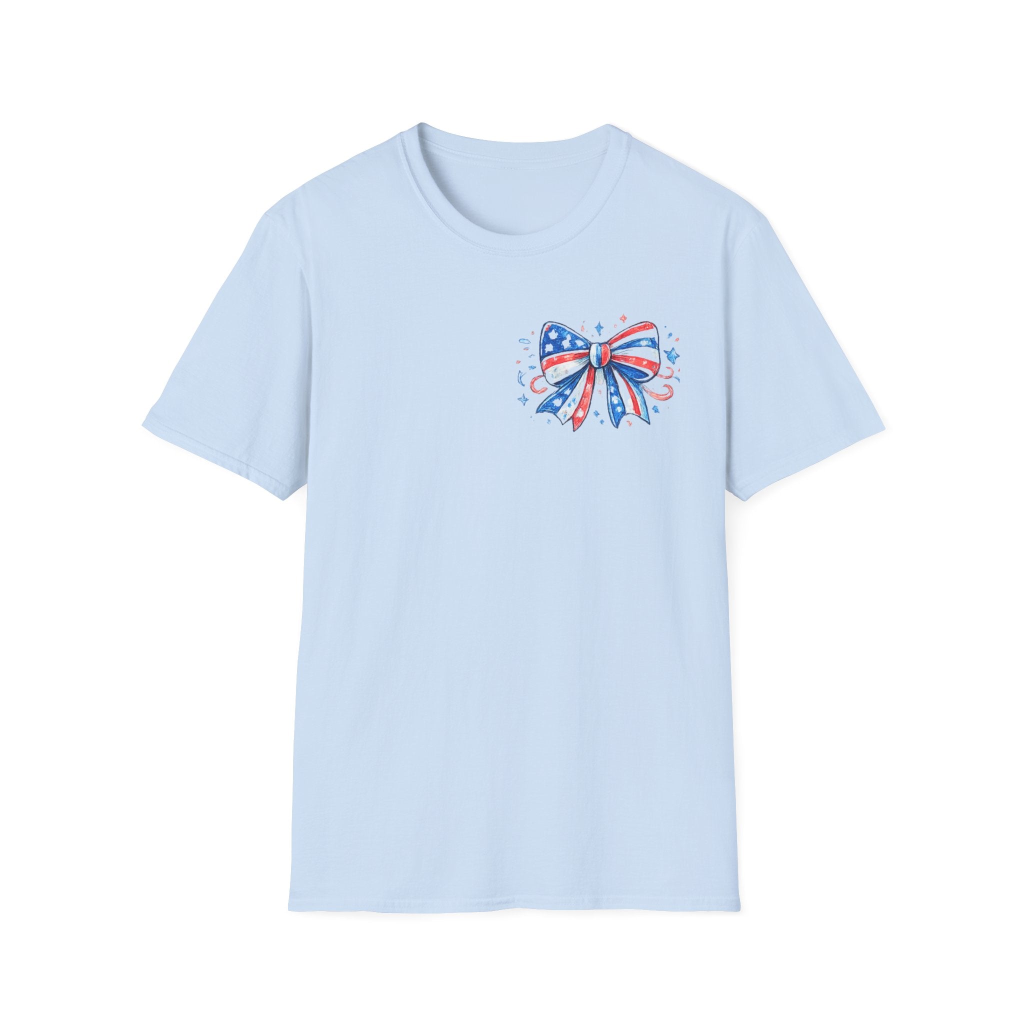 Patriotic Bow T‑Shirt – American Flag Ribbon Chest Tee – Cute Red White & Blue Summer Top