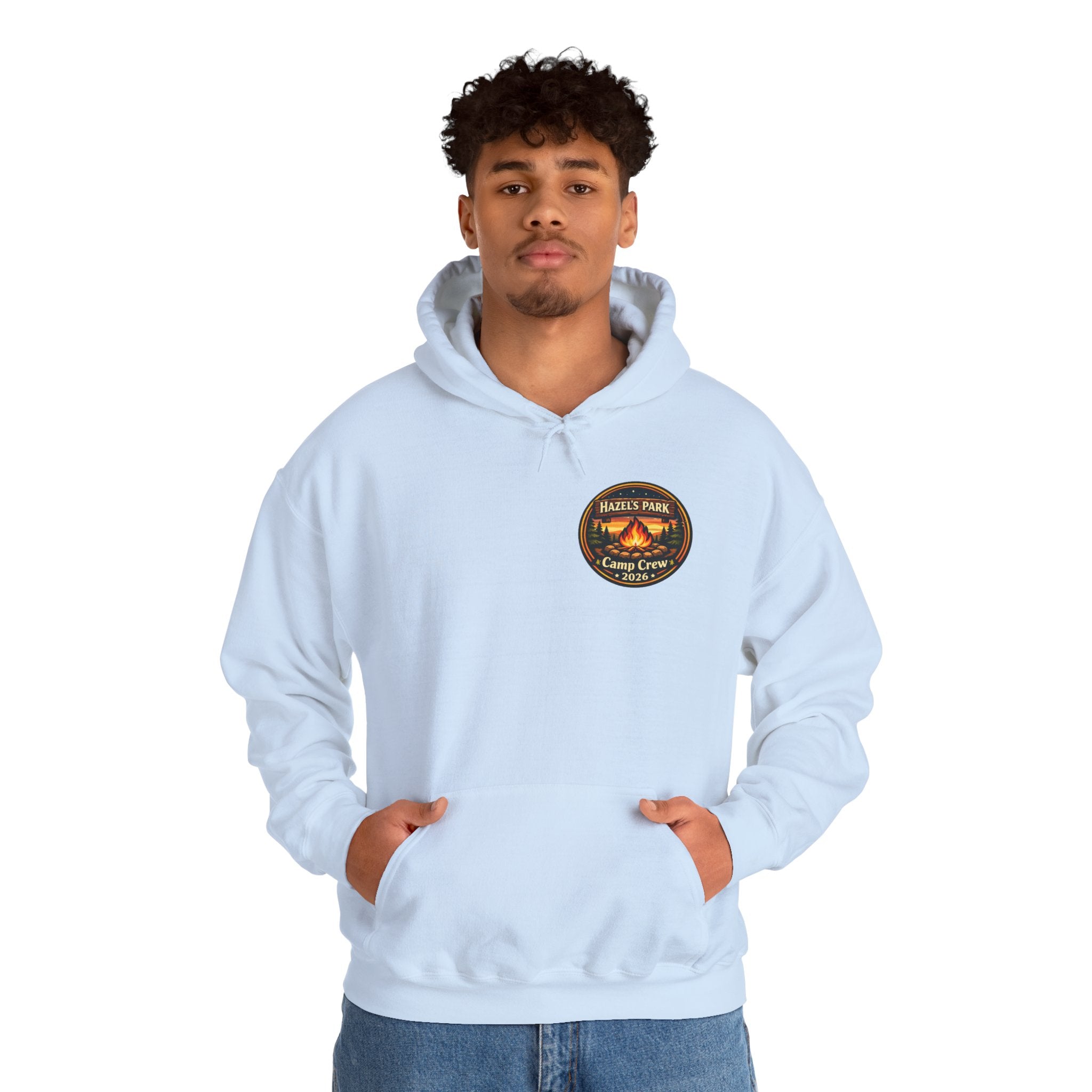 Hazels Park Camp Crew Hoodie — Retro Camping Patch Sweatshirt