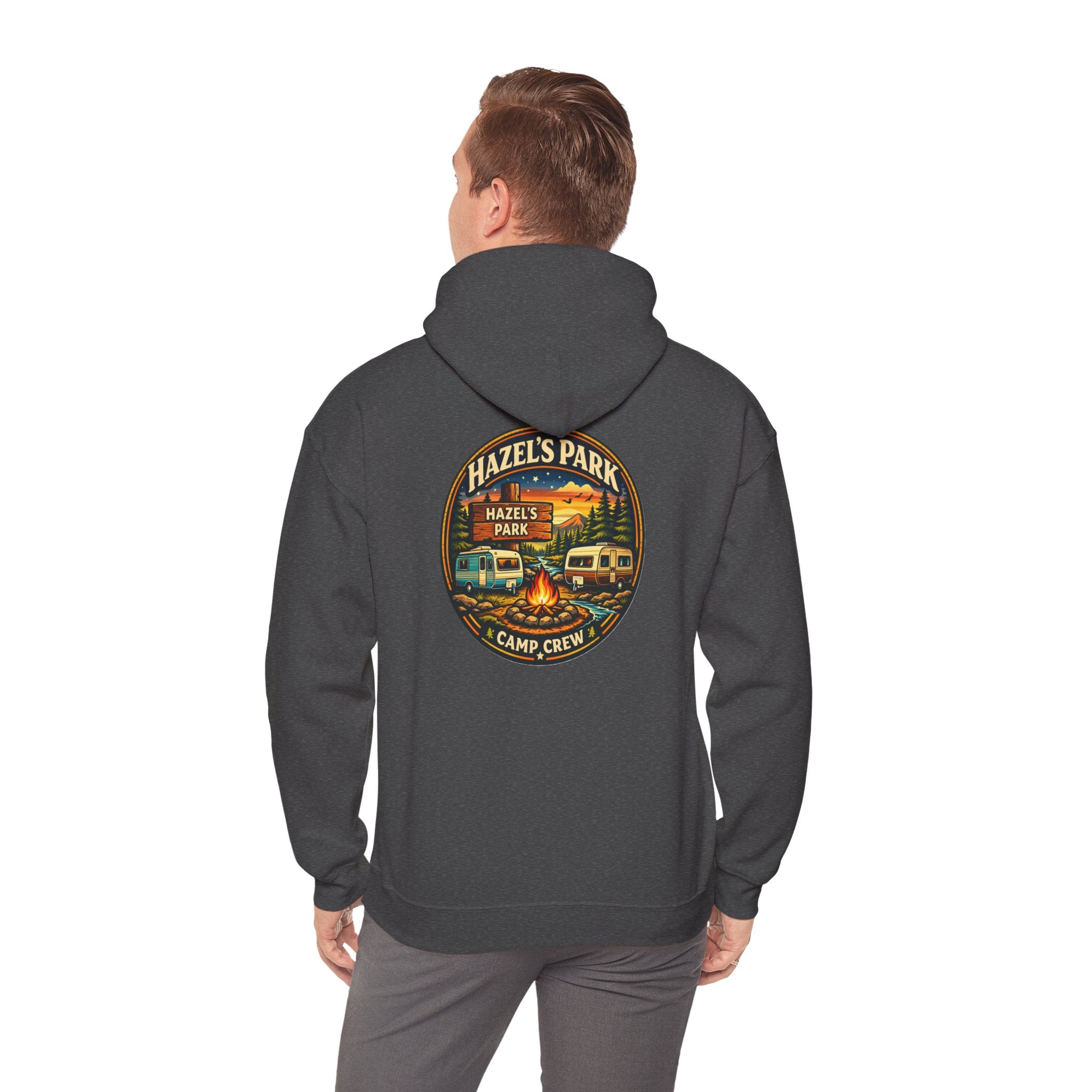 Hazels Park Camp Crew Hoodie — Retro Camping Patch Sweatshirt