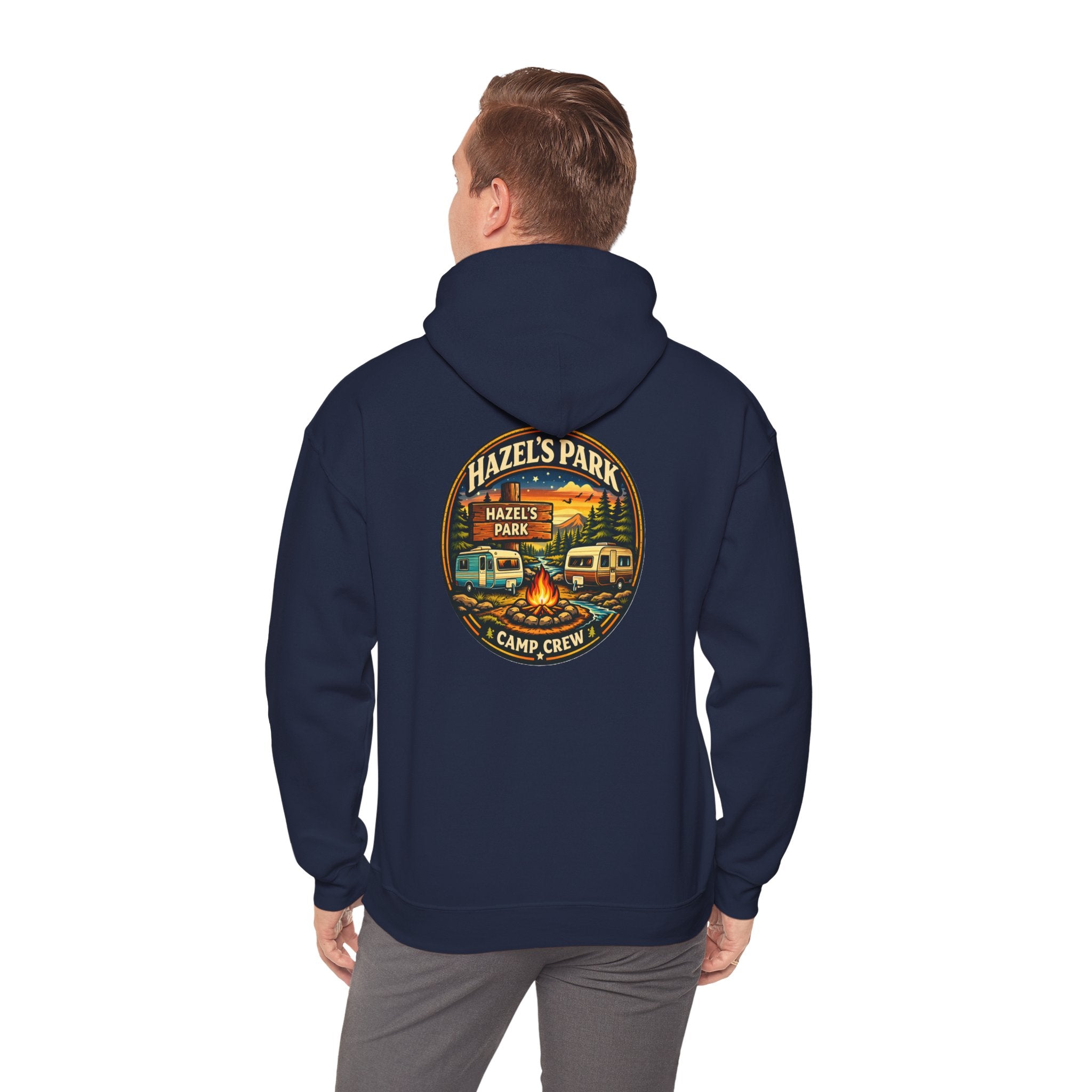 Hazels Park Camp Crew Hoodie — Retro Camping Patch Sweatshirt