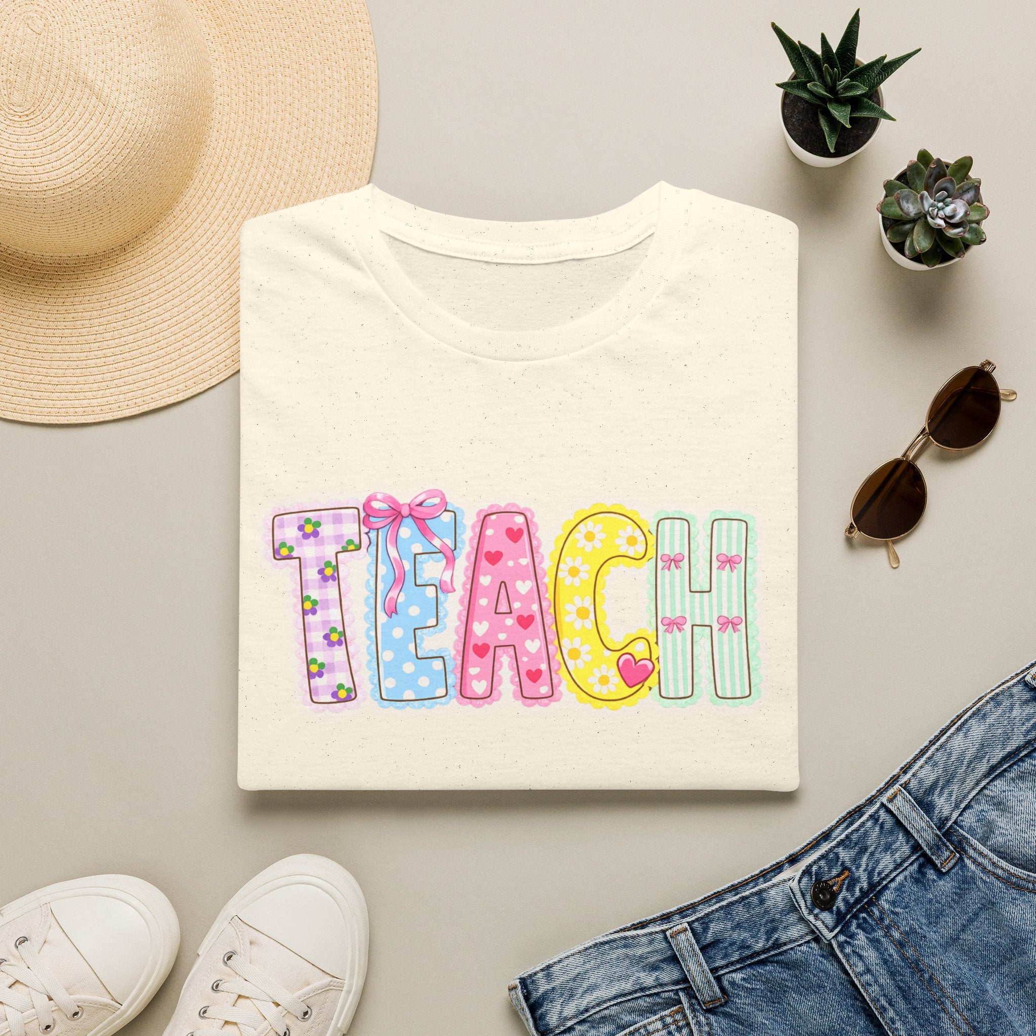 Teacher Pastel Patchwork T-Shirt — 'TEACH' Cute School Staff Gift