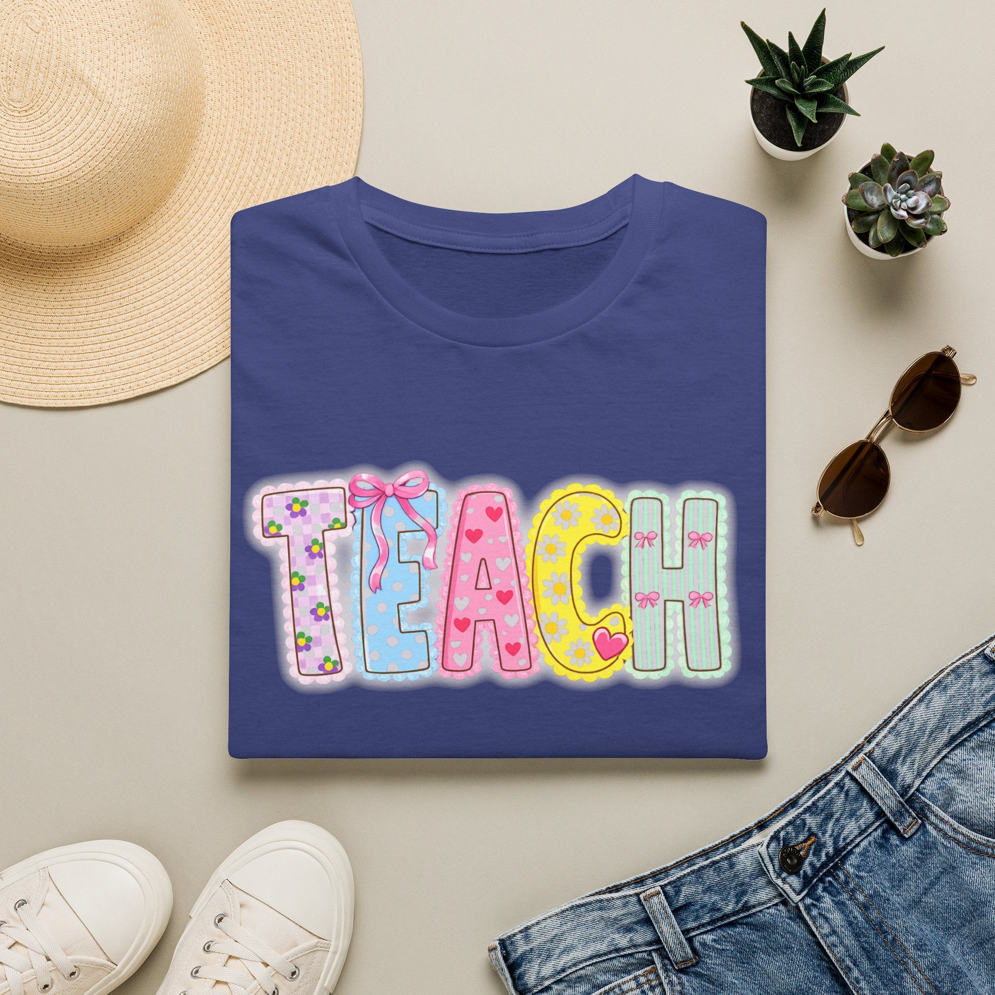 Teacher Pastel Patchwork T-Shirt — 'TEACH' Cute School Staff Gift
