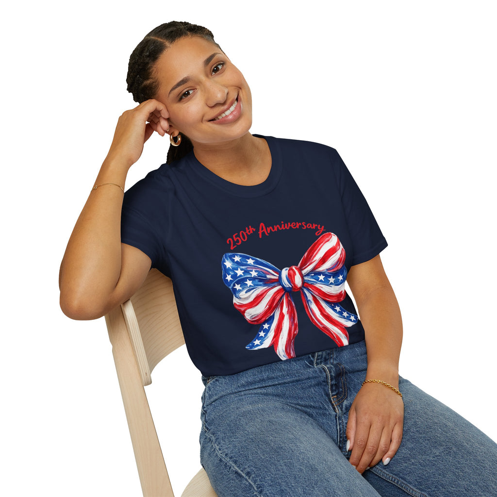 250th Anniversary American Flag Bow T‑Shirt – Patriotic USA Flag Bow Tee – Red White Blue Graphic Shirt