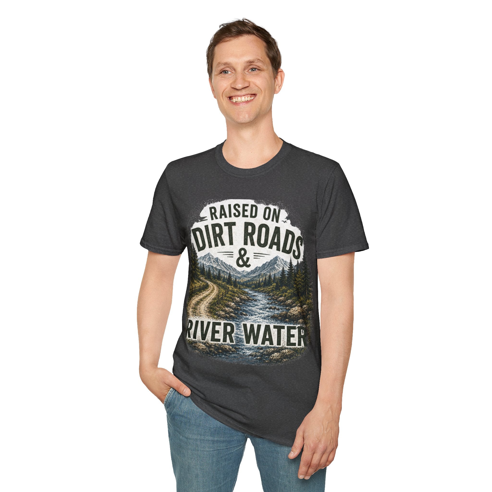 Adult Raised on Dirt Roads & River Water T-Shirt — Vintage Mountain Outdoors Tee
