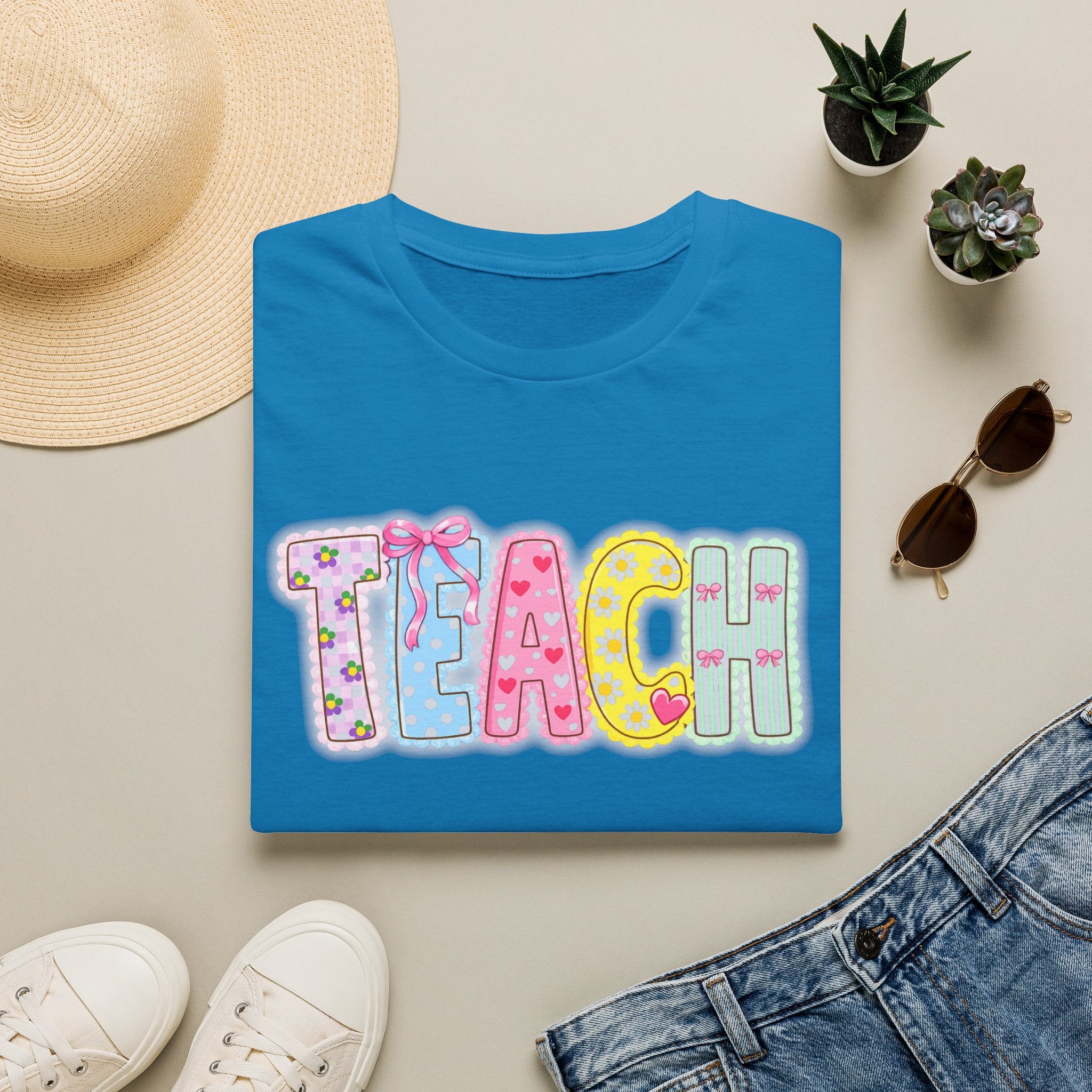Teacher Pastel Patchwork T-Shirt — 'TEACH' Cute School Staff Gift