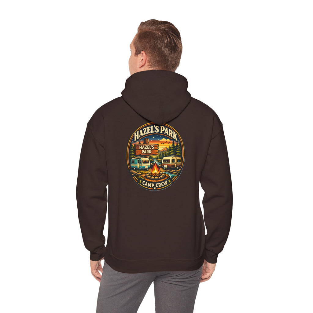 Hazels Park Camp Crew Hoodie — Retro Camping Patch Sweatshirt