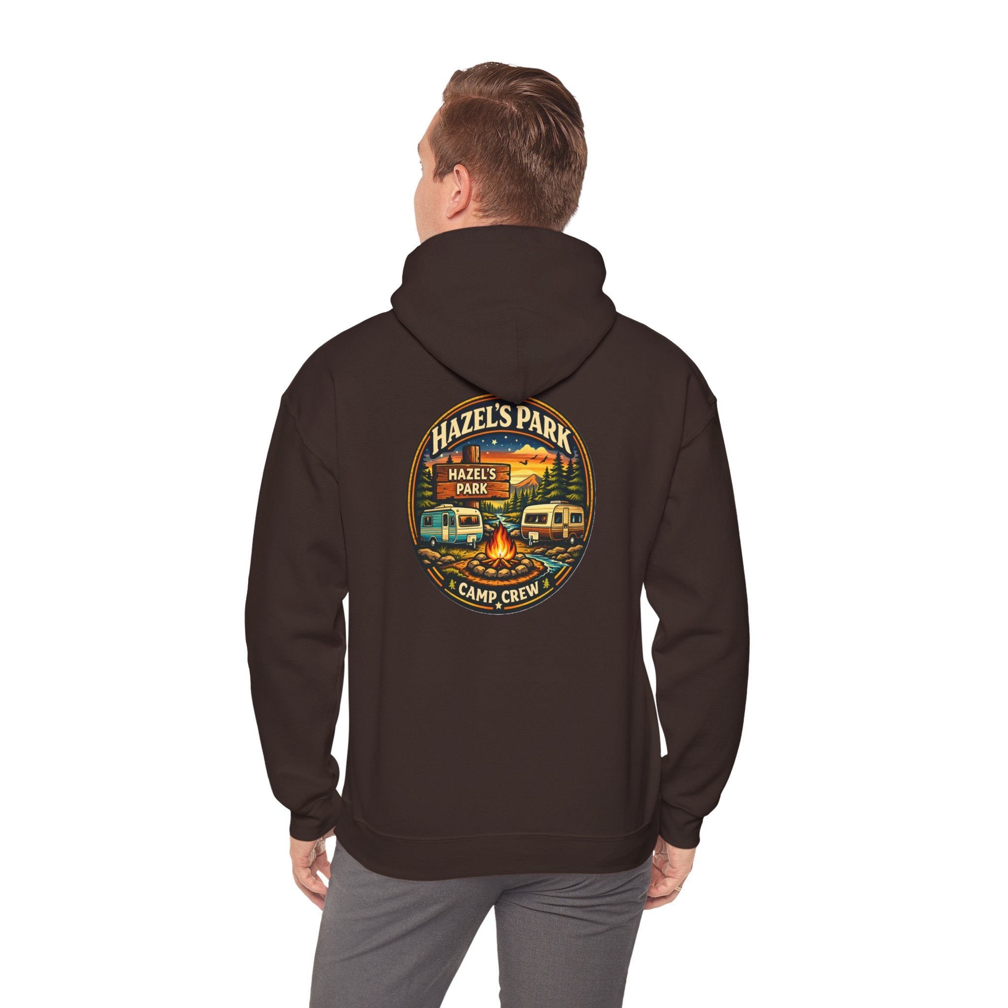 Hazels Park Camp Crew Hoodie — Retro Camping Patch Sweatshirt