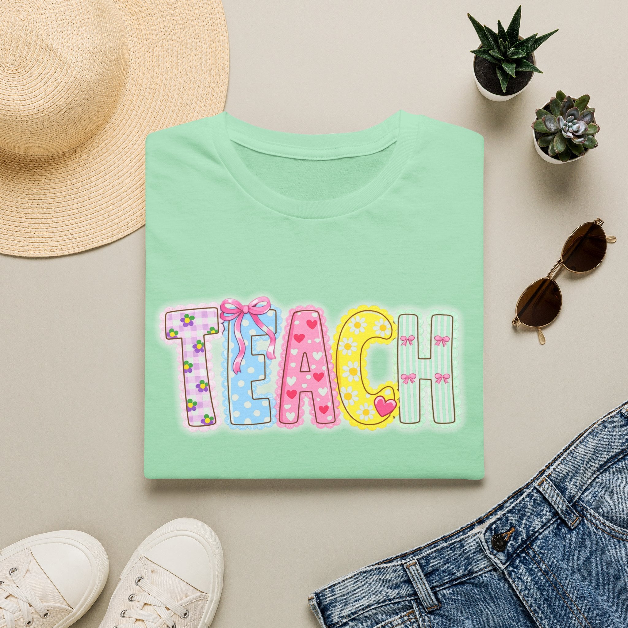 Teacher Pastel Patchwork T-Shirt — 'TEACH' Cute School Staff Gift