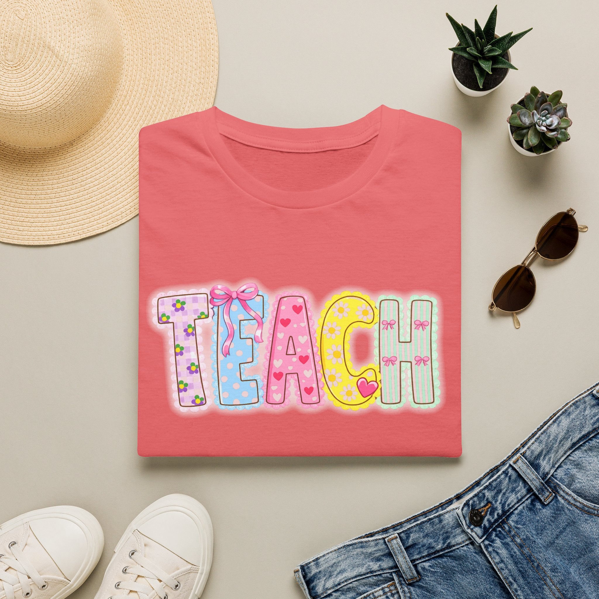 Teacher Pastel Patchwork T-Shirt — 'TEACH' Cute School Staff Gift