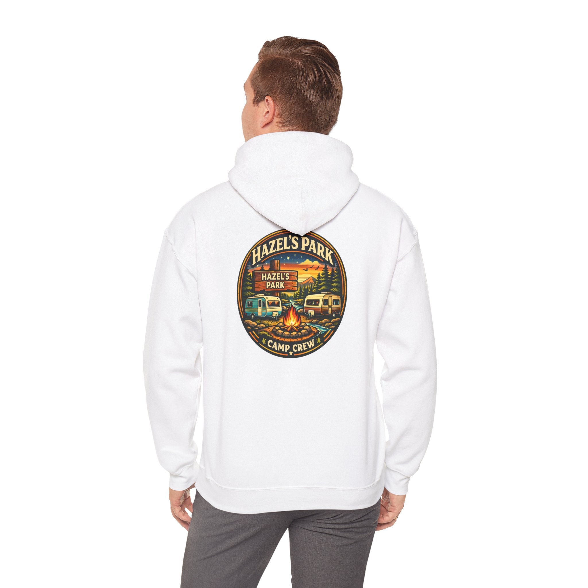 Hazels Park Camp Crew Hoodie — Retro Camping Patch Sweatshirt