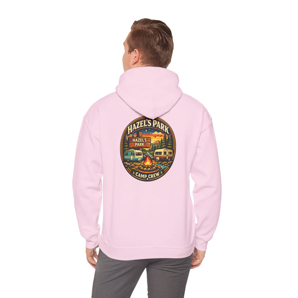 Hazels Park Camp Crew Hoodie — Retro Camping Patch Sweatshirt