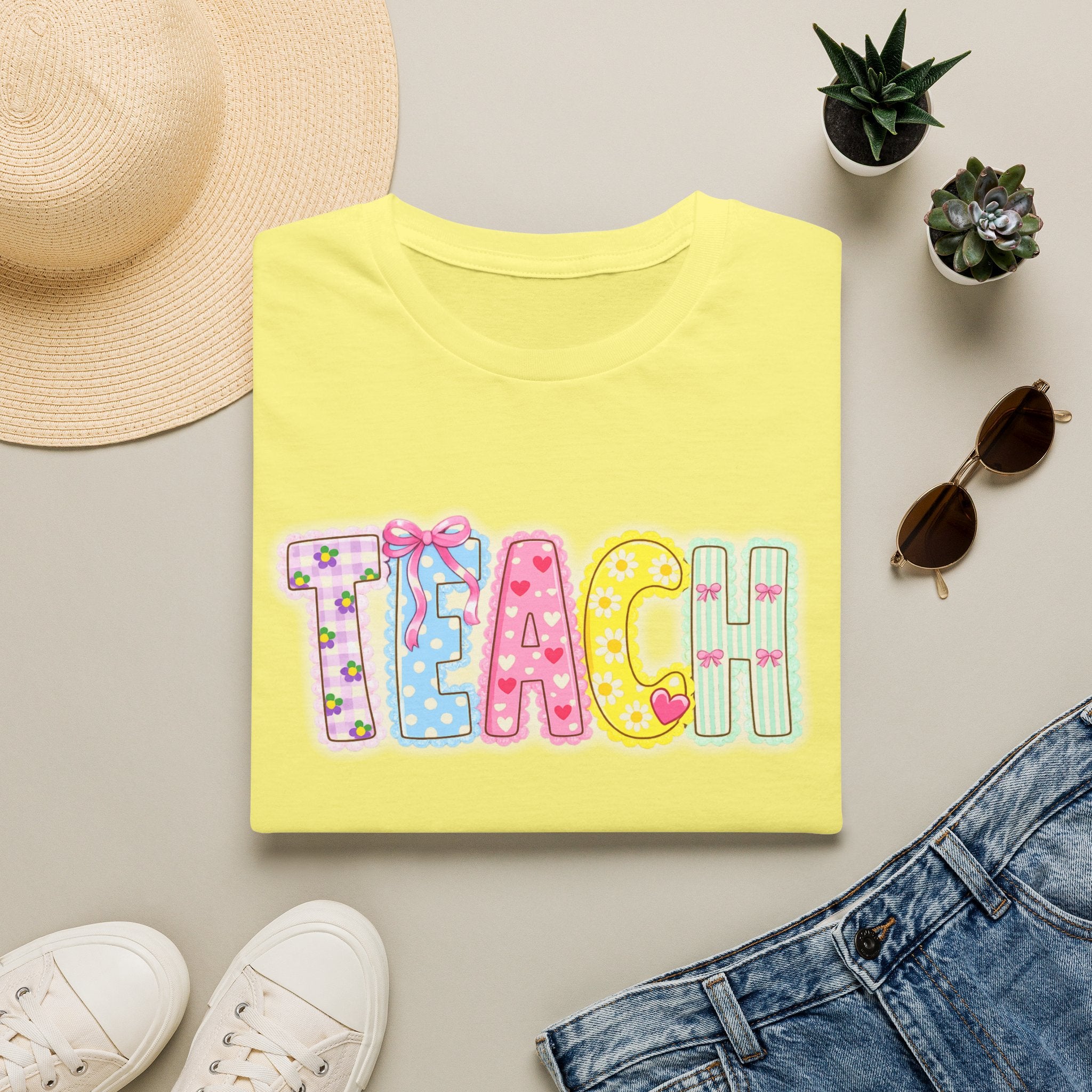 Teacher Pastel Patchwork T-Shirt — 'TEACH' Cute School Staff Gift