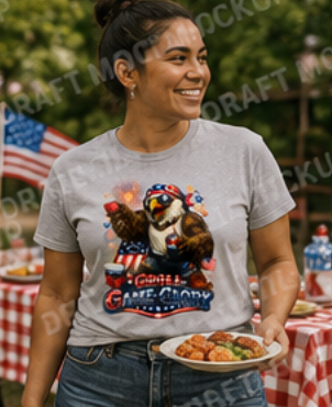 Grill Game Glory – Patriotic Eagle BBQ Shirt – Funny 4th of July Graphic Tee