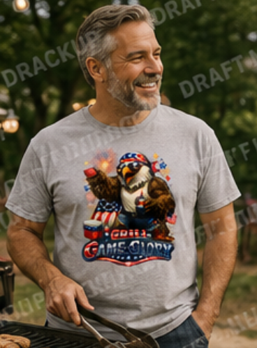 Grill Game Glory – Patriotic Eagle BBQ Shirt – Funny 4th of July Graphic Tee