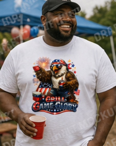 Grill Game Glory – Patriotic Eagle BBQ Shirt – Funny 4th of July Graphic Tee