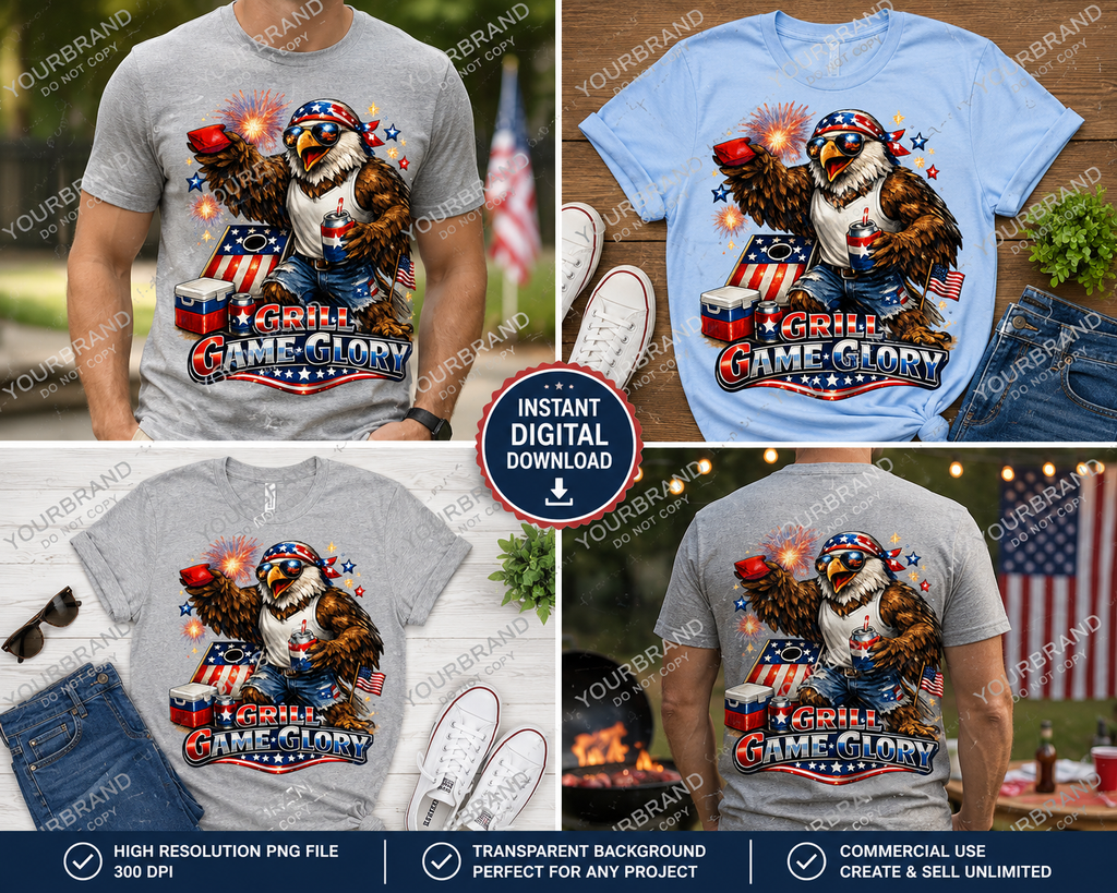 Grill Game Glory – Patriotic Eagle BBQ Shirt – Funny 4th of July Graphic Tee