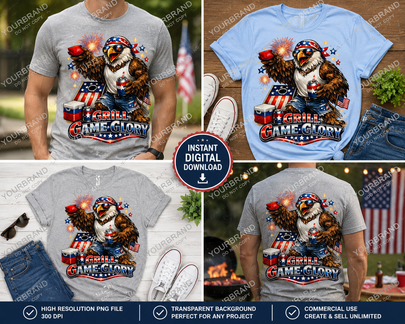 Grill Game Glory – Patriotic Eagle BBQ Shirt – Funny 4th of July Graphic Tee