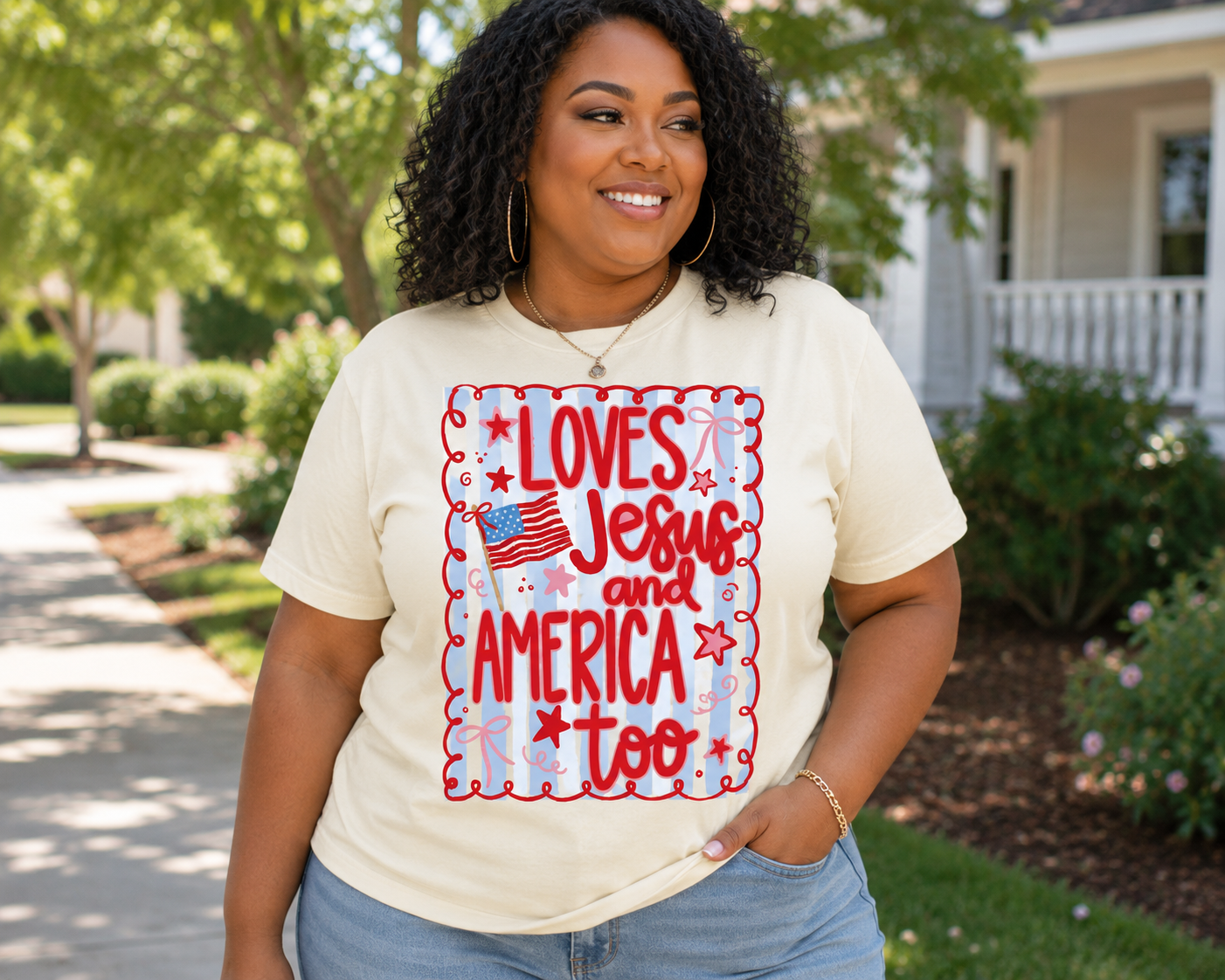 Loves Jesus and America Too T‑Shirt – Patriotic Faith Graphic Tee – Gildan Softstyle 64000