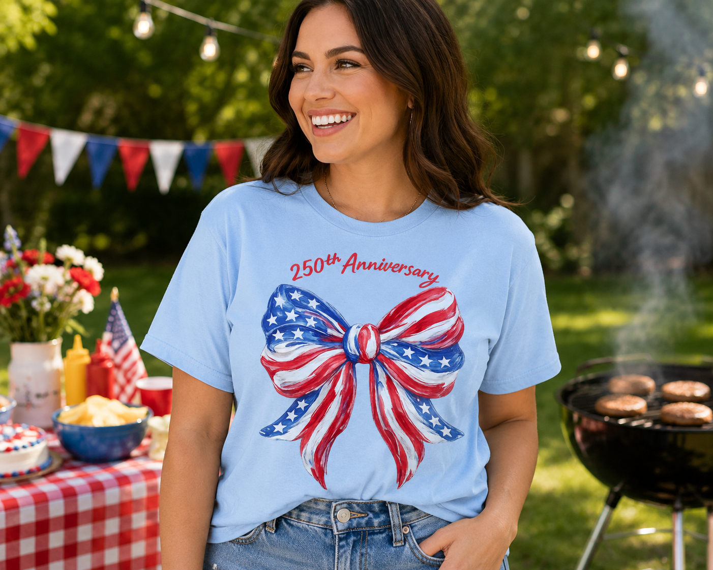 250th Anniversary American Flag Bow T‑Shirt – Patriotic USA Flag Bow Tee – Red White Blue Graphic Shirt