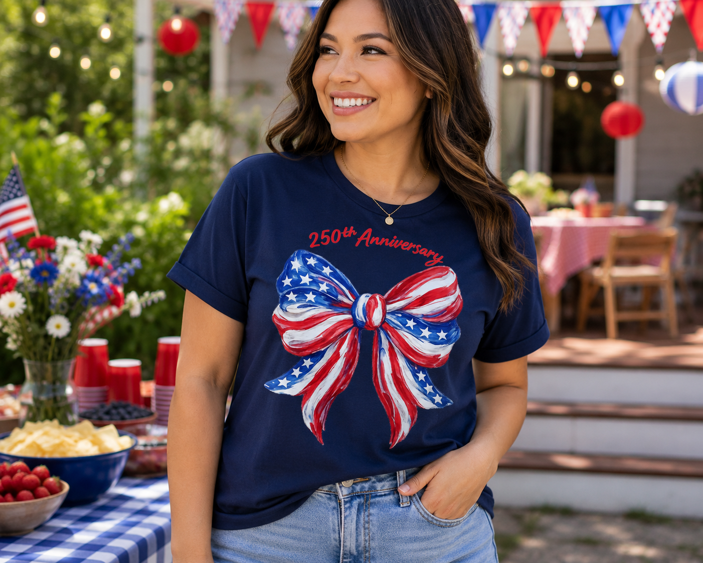 250th Anniversary American Flag Bow T‑Shirt – Patriotic USA Flag Bow Tee – Red White Blue Graphic Shirt