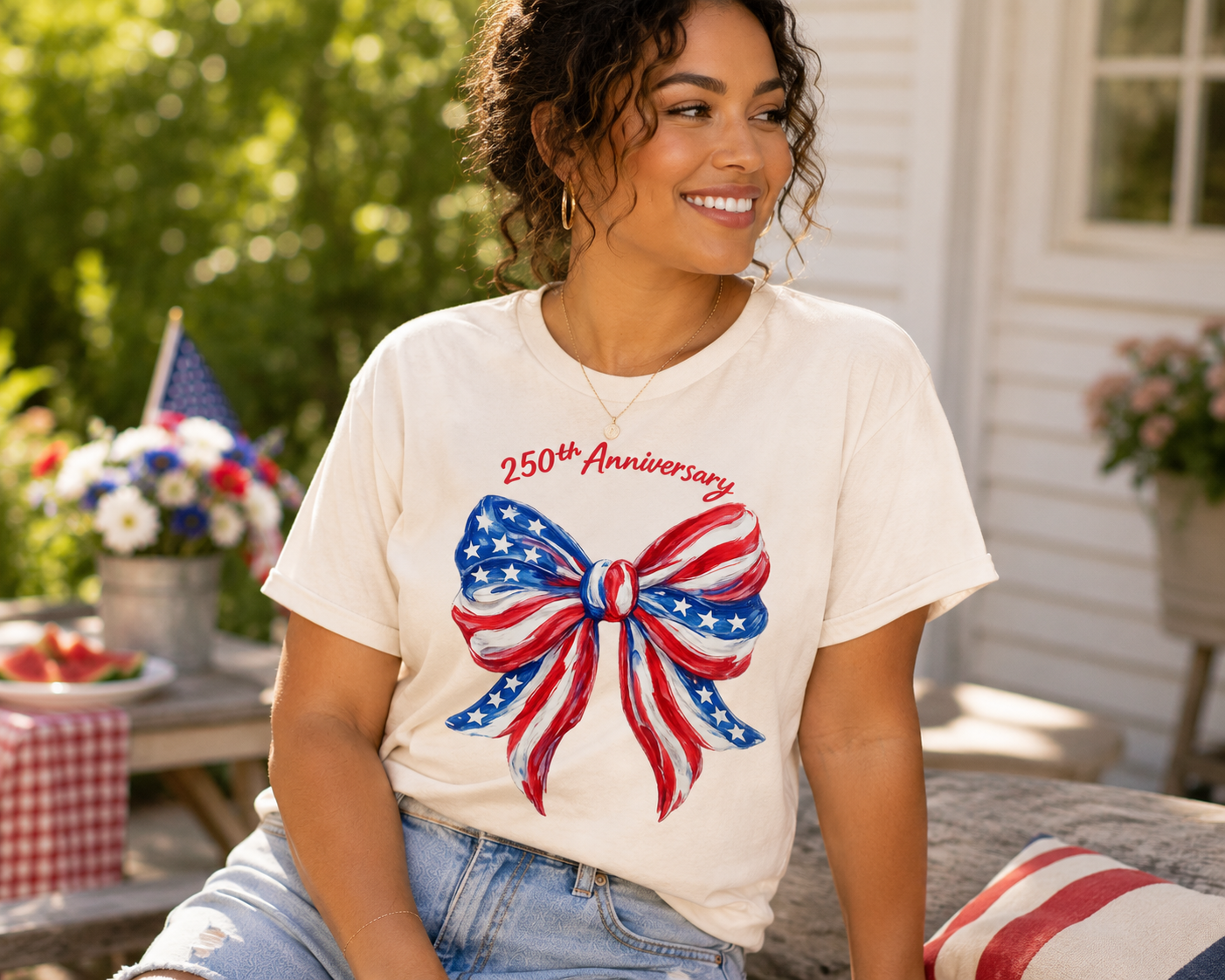 250th Anniversary American Flag Bow T‑Shirt – Patriotic USA Flag Bow Tee – Red White Blue Graphic Shirt