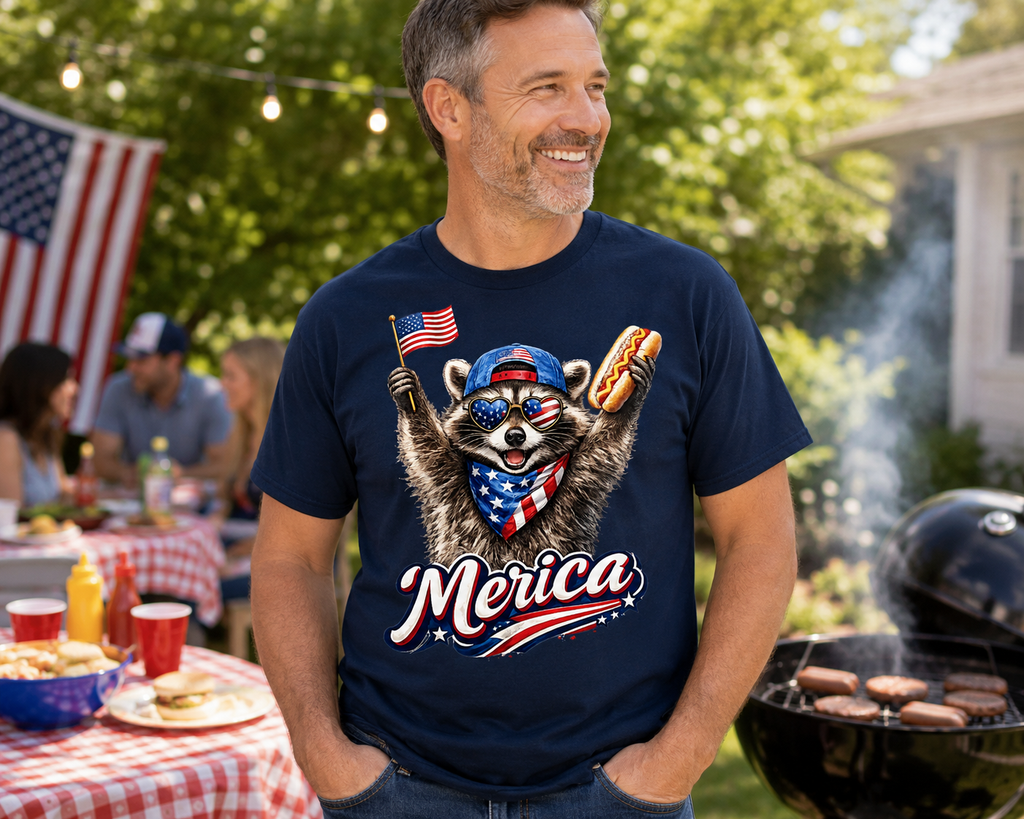 Patriotic Raccoon ’Merica T‑Shirt – Funny 4th of July USA Flag & Hot Dog Tee – Summer Cookout Graphic Shirt