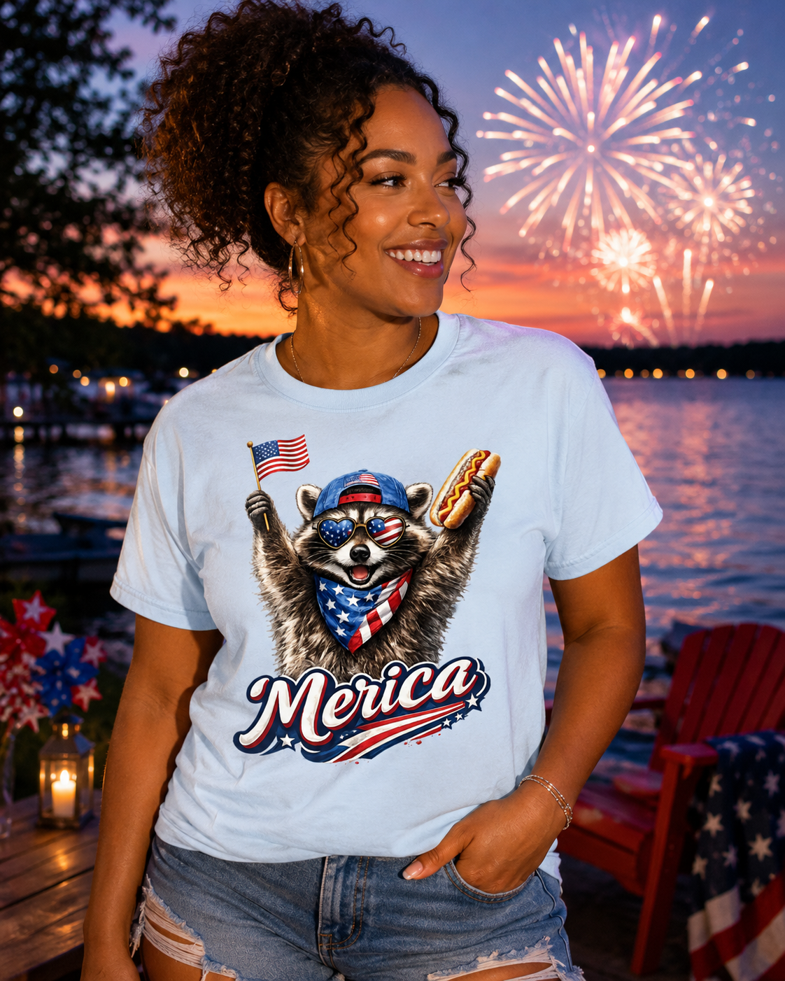 Patriotic Raccoon ’Merica T‑Shirt – Funny 4th of July USA Flag & Hot Dog Tee – Summer Cookout Graphic Shirt