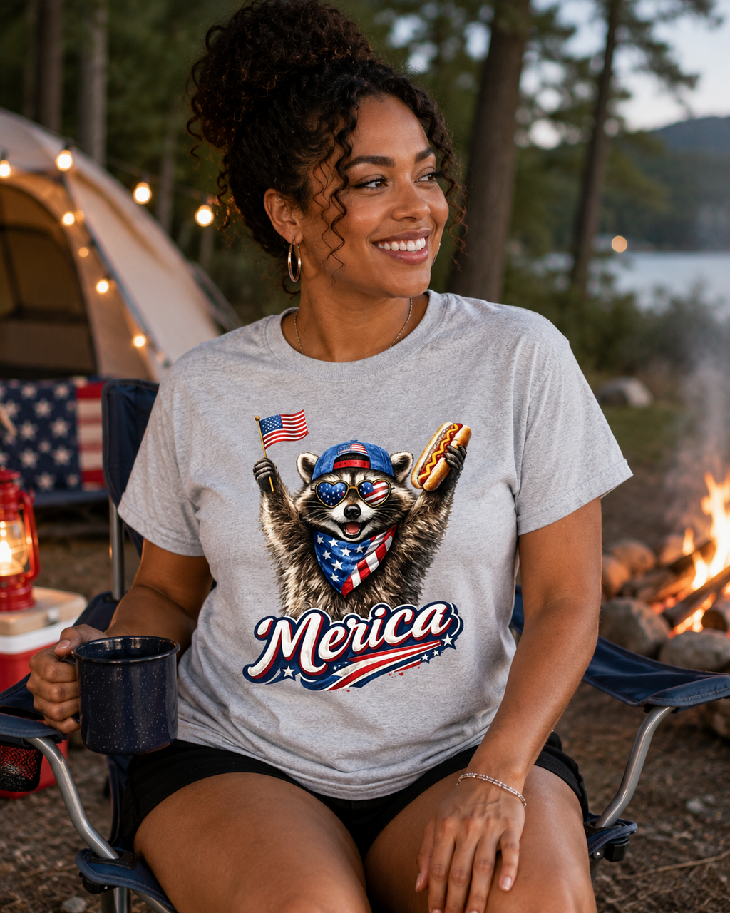 Patriotic Raccoon ’Merica T‑Shirt – Funny 4th of July USA Flag & Hot Dog Tee – Summer Cookout Graphic Shirt