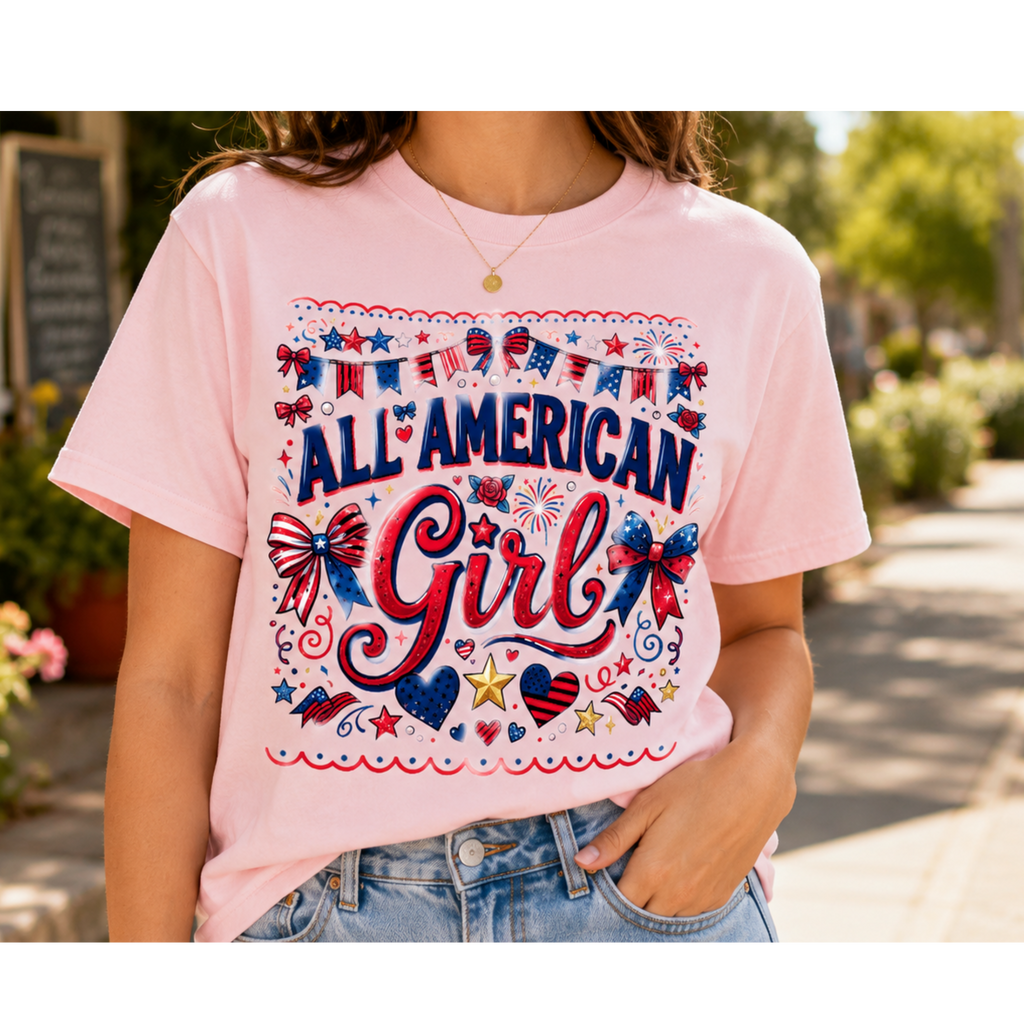 All American Girl Youth T-Shirt | Patriotic Girls Shirt | Fourth of July Kids Tee | Red White Blue Bow Shirt | Americana Graphic Tee