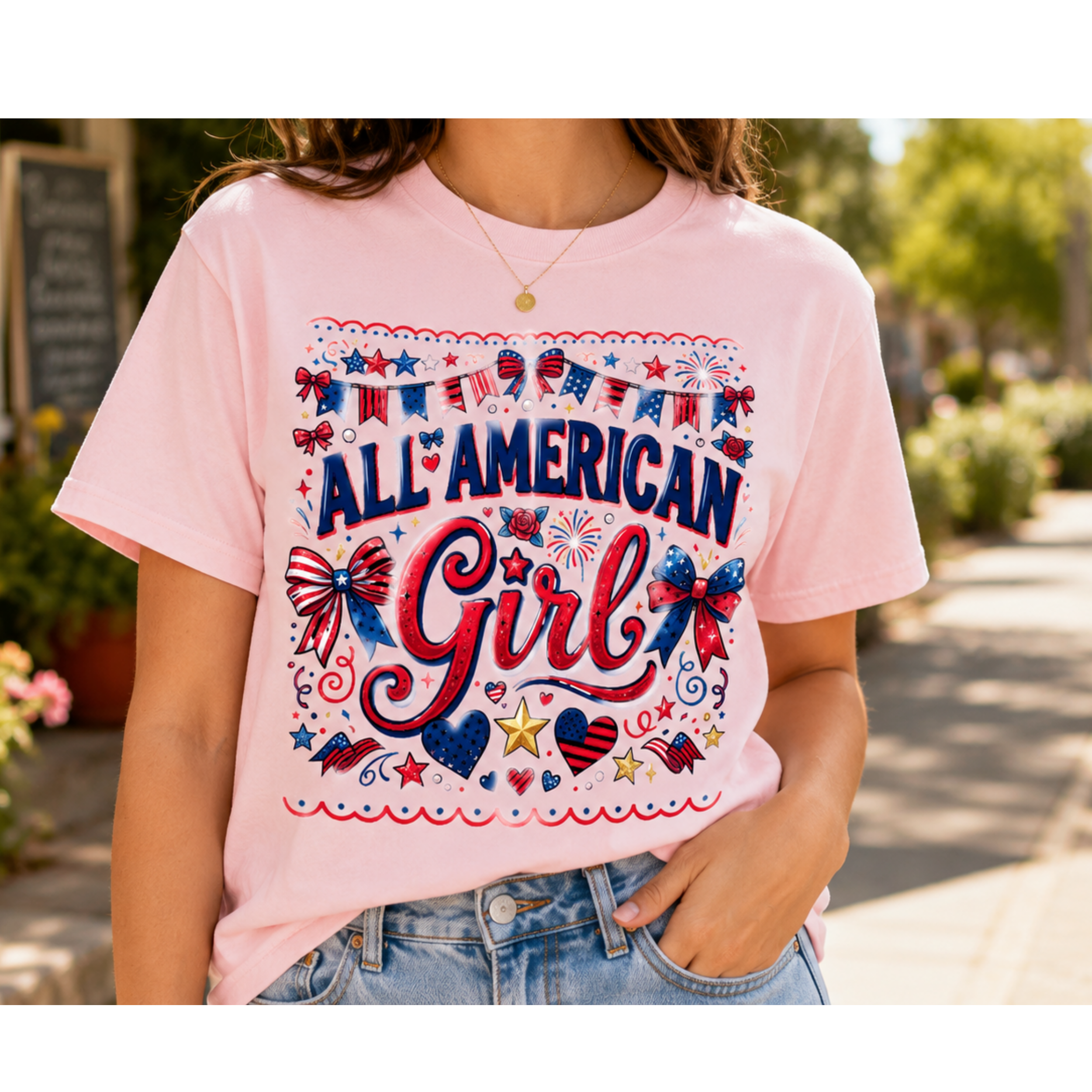 All American Girl Youth T-Shirt | Patriotic Girls Shirt | Fourth of July Kids Tee | Red White Blue Bow Shirt | Americana Graphic Tee