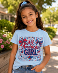 All American Girl Youth T-Shirt | Patriotic Girls Fourth of July Shirt | Red White & Blue Bow Tee | Kids Americana Graphic Tee