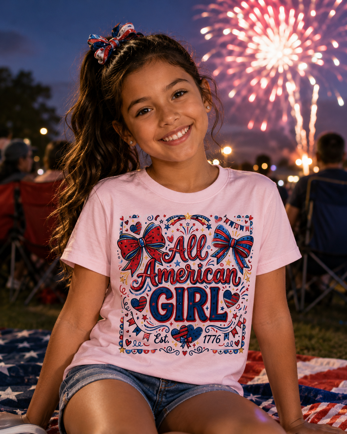 All American Girl Youth T-Shirt | Patriotic Girls Fourth of July Shirt | Red White & Blue Bow Tee | Kids Americana Graphic Tee