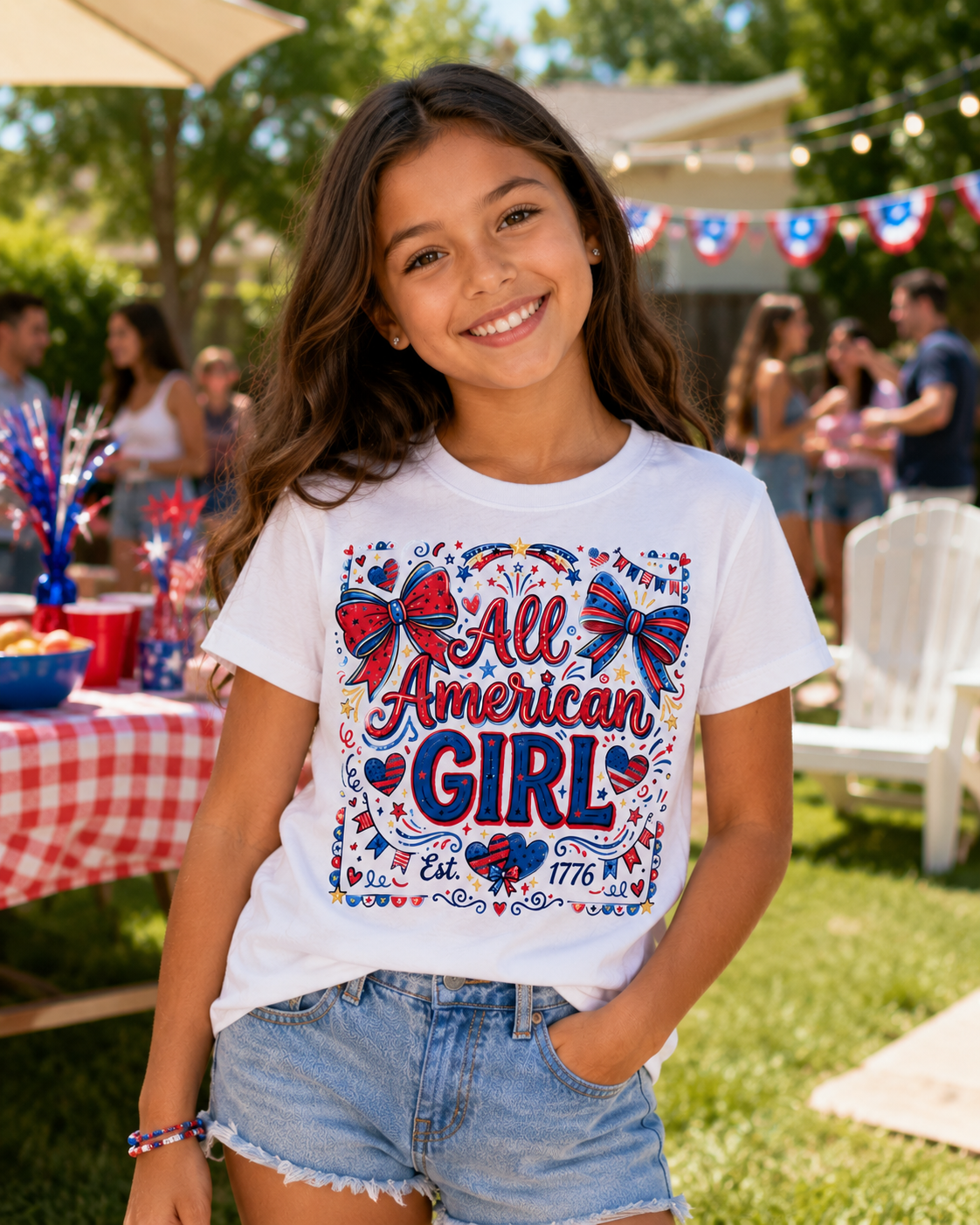 All American Girl Youth T-Shirt | Patriotic Girls Fourth of July Shirt | Red White & Blue Bow Tee | Kids Americana Graphic Tee