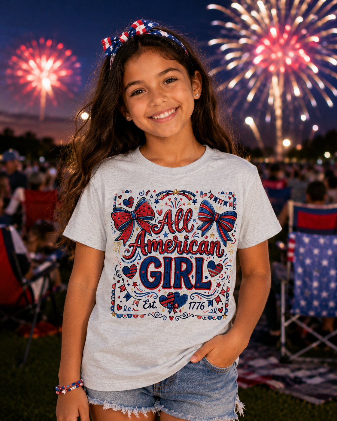 All American Girl Youth T-Shirt | Patriotic Girls Fourth of July Shirt | Red White & Blue Bow Tee | Kids Americana Graphic Tee