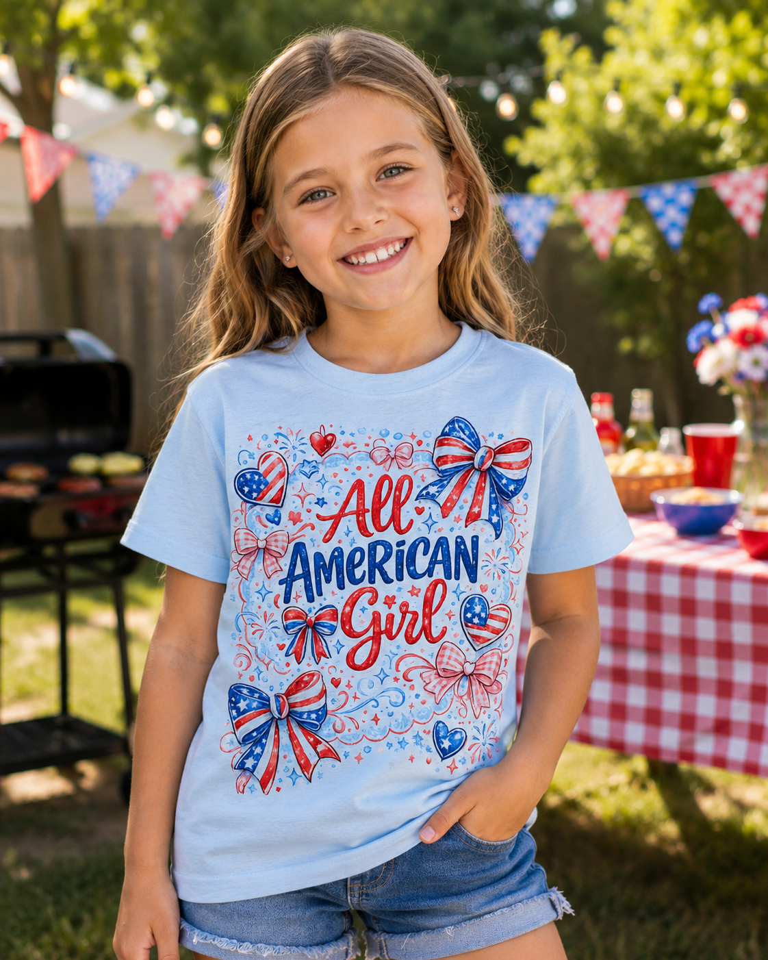 All American Girl Kids T‑Shirt — Patriotic 4th of July Tee for Girls