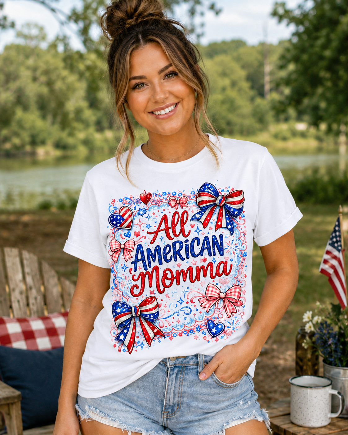 All American Momma T-Shirt | Patriotic Mama Shirt | Fourth of July Women's Tee | Red White Blue Bow Shirt | Americana Graphic Tee