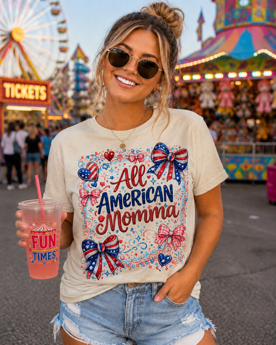 All American Momma T-Shirt | Patriotic Mama Shirt | Fourth of July Women's Tee | Red White Blue Bow Shirt | Americana Graphic Tee