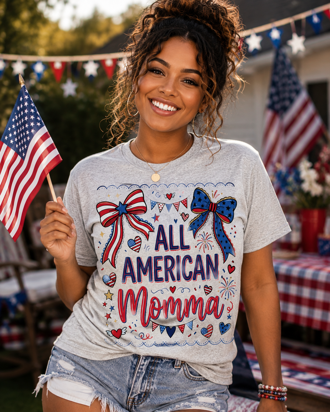 All American Momma T-Shirt | Patriotic Mama Shirt | Fourth of July Women's Tee | Red White Blue Americana Shirt | USA Mom Graphic Tee