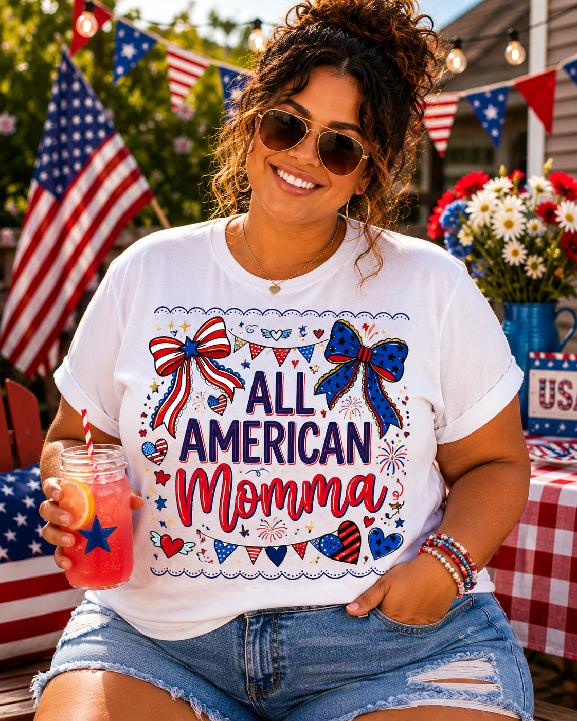 All American Momma T-Shirt | Patriotic Mama Shirt | Fourth of July Women's Tee | Red White Blue Americana Shirt | USA Mom Graphic Tee
