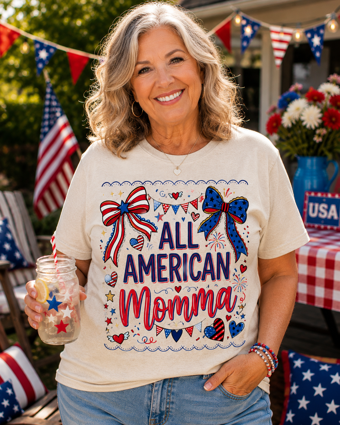 All American Momma T-Shirt | Patriotic Mama Shirt | Fourth of July Women's Tee | Red White Blue Americana Shirt | USA Mom Graphic Tee