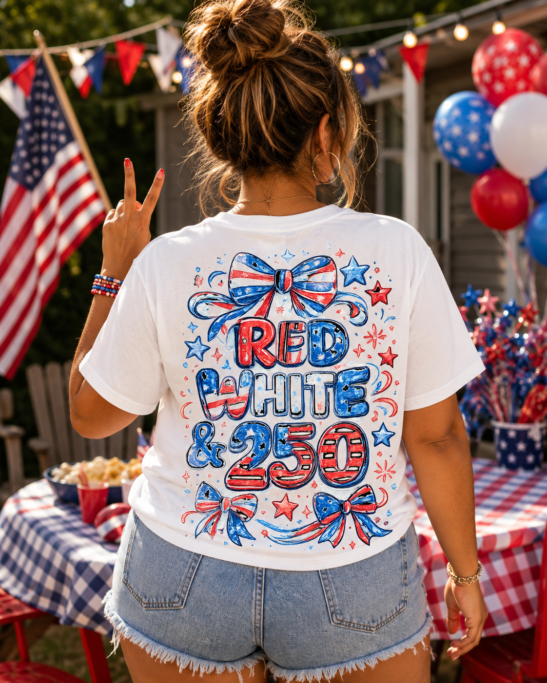 Patriotic Bow T‑Shirt – American Flag Ribbon Chest Tee – Cute Red White & Blue Summer Top